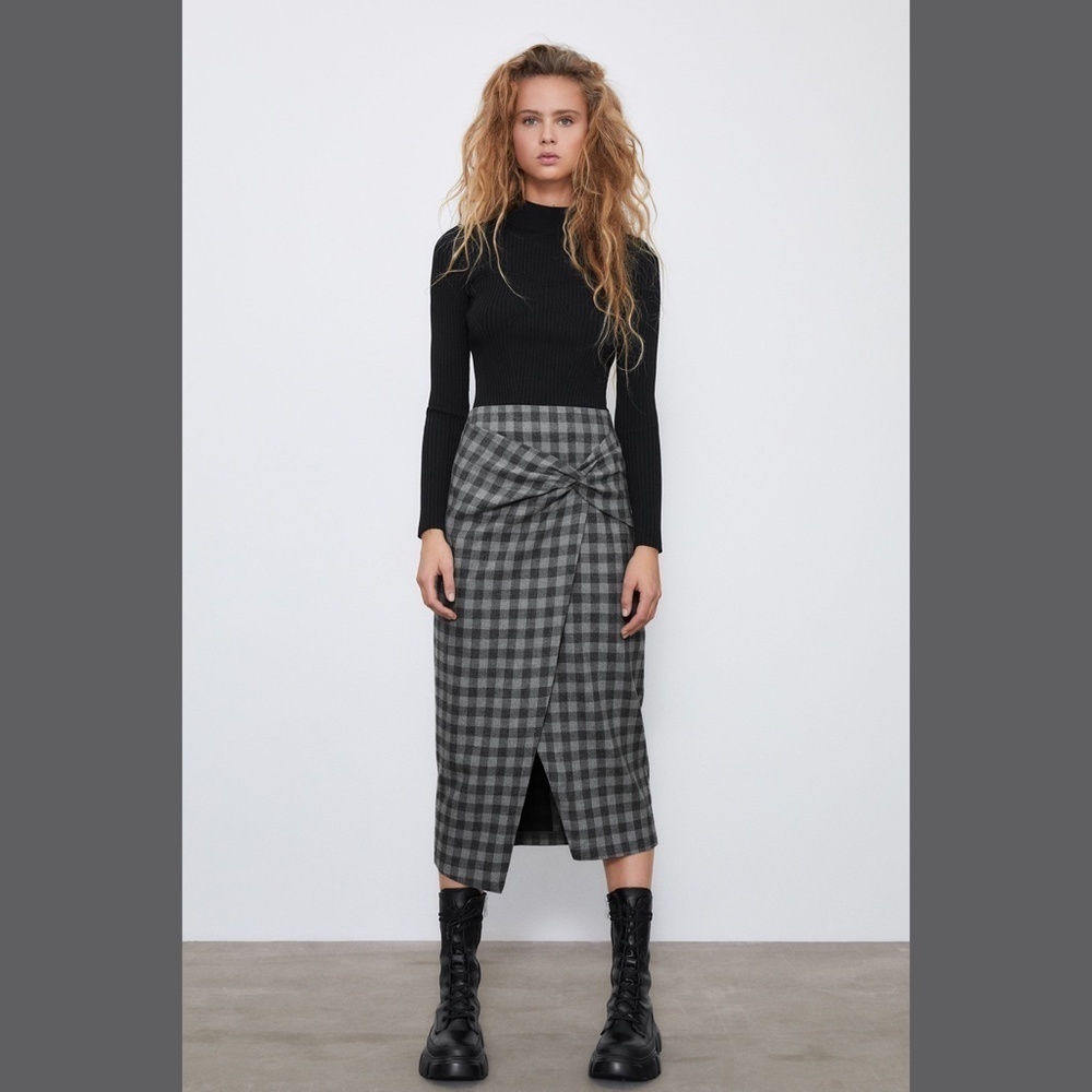 ZARA GRAY PLAID SKIRT FAUX WRAP WITH KNOT XS